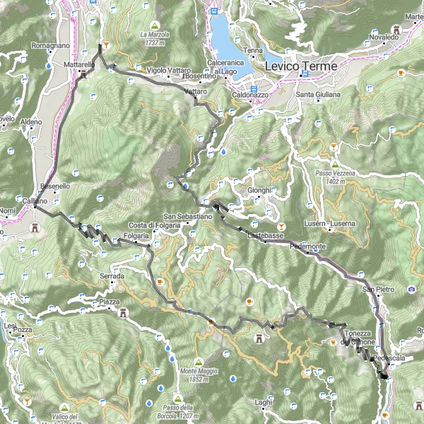 Miniatura della mappa di ispirazione al ciclismo "Giro in bicicletta da Calliano: Passo Coe e Forte Campomolon" nella regione di Provincia Autonoma di Trento, Italy. Generata da Tarmacs.app, pianificatore di rotte ciclistiche