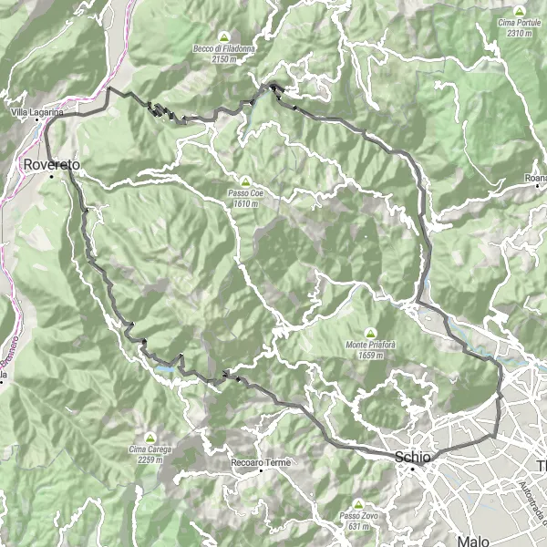 Miniatua del mapa de inspiración ciclista "Ruta de ciclismo de carretera a través de Valli del Pasubio y Pian delle Fugazze" en Provincia Autonoma di Trento, Italy. Generado por Tarmacs.app planificador de rutas ciclistas