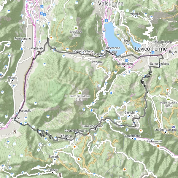 Kartminiatyr av "Kuperad landsvägscykelrutt från Calliano" cykelinspiration i Provincia Autonoma di Trento, Italy. Genererad av Tarmacs.app cykelruttplanerare