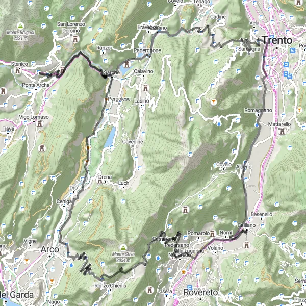Mapa miniatúra "Cesta cez okolie Calliana" cyklistická inšpirácia v Provincia Autonoma di Trento, Italy. Vygenerované cyklistickým plánovačom trás Tarmacs.app