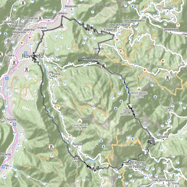 Map miniature of "Through the Dolomites" cycling inspiration in Provincia Autonoma di Trento, Italy. Generated by Tarmacs.app cycling route planner