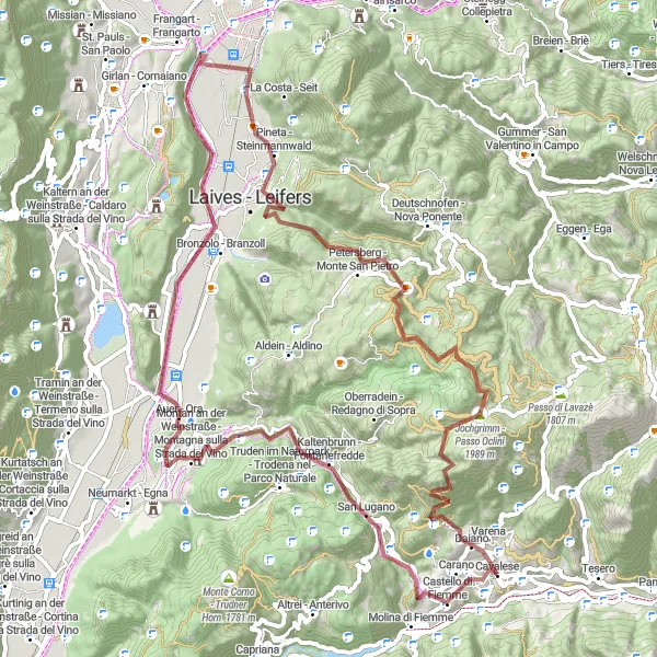 Miniature de la carte de l'inspiration cycliste "Randonnée en gravier à travers la nature" dans la Provincia Autonoma di Trento, Italy. Générée par le planificateur d'itinéraire cycliste Tarmacs.app