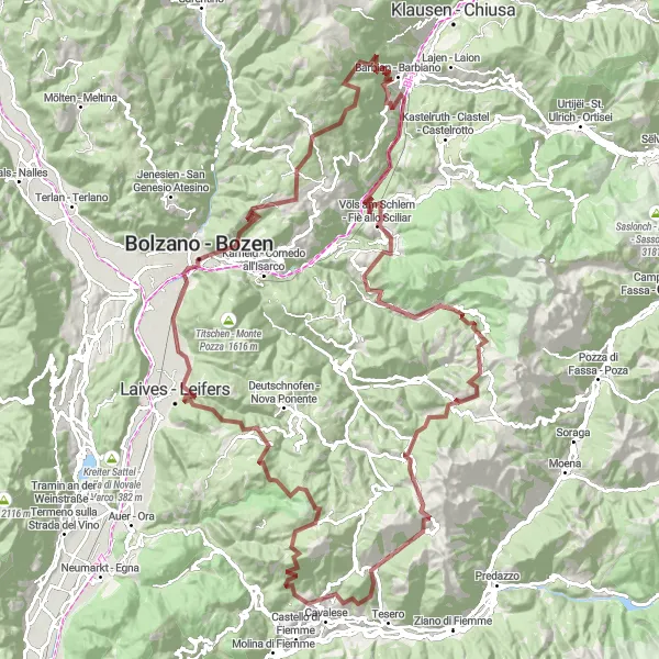 Mapa miniatúra "Gravelová trasa Daiano - Varena" cyklistická inšpirácia v Provincia Autonoma di Trento, Italy. Vygenerované cyklistickým plánovačom trás Tarmacs.app