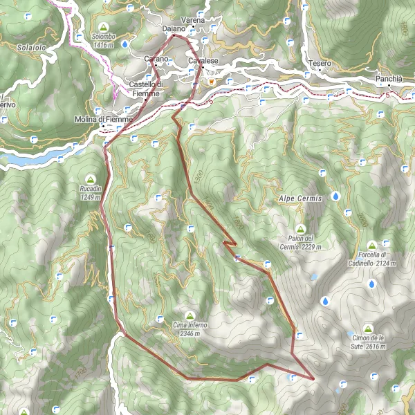 Mapa miniatúra "Gravelová jazda okolo Cavalese" cyklistická inšpirácia v Provincia Autonoma di Trento, Italy. Vygenerované cyklistickým plánovačom trás Tarmacs.app