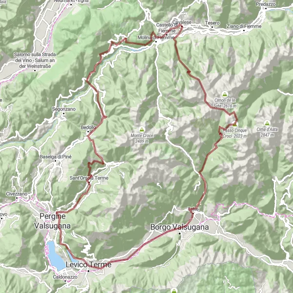 Miniatura della mappa di ispirazione al ciclismo "Percorso in gravel: Cavalese - Carano" nella regione di Provincia Autonoma di Trento, Italy. Generata da Tarmacs.app, pianificatore di rotte ciclistiche