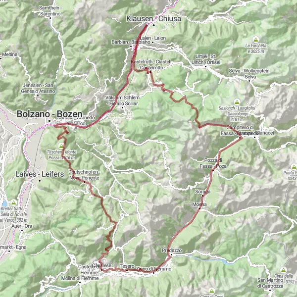 Zemljevid v pomanjšavi "Gravel bike tour around Cavalese" kolesarske inspiracije v Provincia Autonoma di Trento, Italy. Generirano z načrtovalcem kolesarskih poti Tarmacs.app