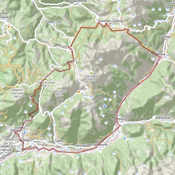 Miniatura della mappa di ispirazione al ciclismo "Giro in bicicletta da Cavalese a Predazzo e ritorno" nella regione di Provincia Autonoma di Trento, Italy. Generata da Tarmacs.app, pianificatore di rotte ciclistiche