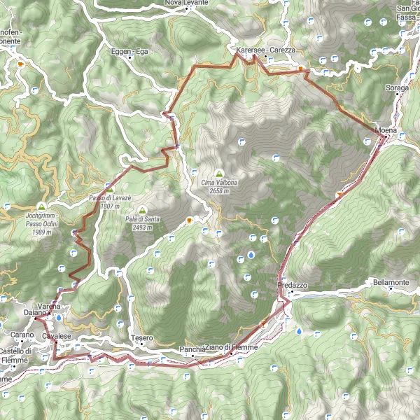 Karttaminiaatyyri "Kaunis Gravel-pyöräilyreitti Varenasta" pyöräilyinspiraatiosta alueella Provincia Autonoma di Trento, Italy. Luotu Tarmacs.app pyöräilyreittisuunnittelijalla