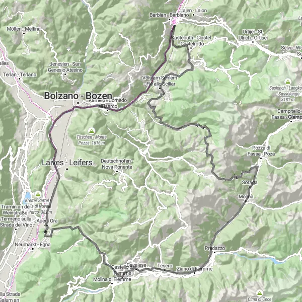 Miniatura della mappa di ispirazione al ciclismo "Percorso in bicicletta da strada tra Bolzano e Fiè allo Sciliar" nella regione di Provincia Autonoma di Trento, Italy. Generata da Tarmacs.app, pianificatore di rotte ciclistiche