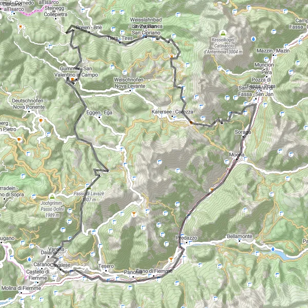 Miniature de la carte de l'inspiration cycliste "Parcours routier à travers la vallée de Fiemme" dans la Provincia Autonoma di Trento, Italy. Générée par le planificateur d'itinéraire cycliste Tarmacs.app