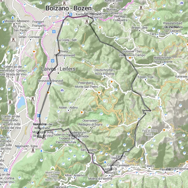 Mapa miniatúra "Okruh na cestnom bicykli od Cavalese s krásnymi výhľadmi" cyklistická inšpirácia v Provincia Autonoma di Trento, Italy. Vygenerované cyklistickým plánovačom trás Tarmacs.app