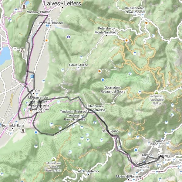 Kartminiatyr av "Veitur til Daiano via Cavalese og Schützenherz" sykkelinspirasjon i Provincia Autonoma di Trento, Italy. Generert av Tarmacs.app sykkelrutoplanlegger