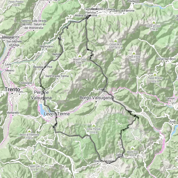 Miniatua del mapa de inspiración ciclista "Vuelta alrededor de Cavalese por Passo Manghen y Colle Lagosin" en Provincia Autonoma di Trento, Italy. Generado por Tarmacs.app planificador de rutas ciclistas