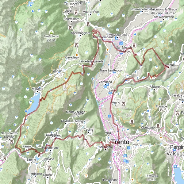 Map miniature of "The Mountain Wilderness Gravel Adventure" cycling inspiration in Provincia Autonoma di Trento, Italy. Generated by Tarmacs.app cycling route planner