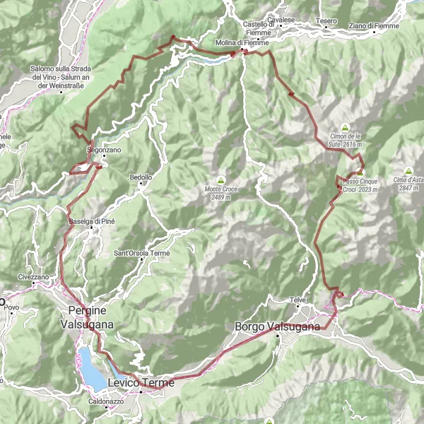 Kartminiatyr av "Äventyrlig grusväg till Levico Terme" cykelinspiration i Provincia Autonoma di Trento, Italy. Genererad av Tarmacs.app cykelruttplanerare
