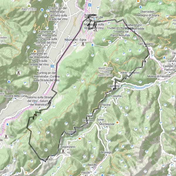 Miniatua del mapa de inspiración ciclista "Ruta de ciclismo de carretera alrededor de Cembra" en Provincia Autonoma di Trento, Italy. Generado por Tarmacs.app planificador de rutas ciclistas