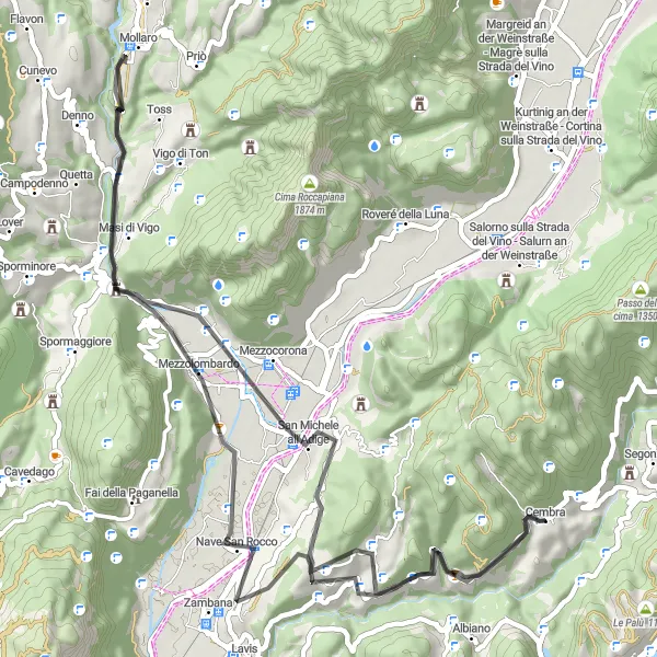 Map miniature of "The Hills of Trentino Road" cycling inspiration in Provincia Autonoma di Trento, Italy. Generated by Tarmacs.app cycling route planner