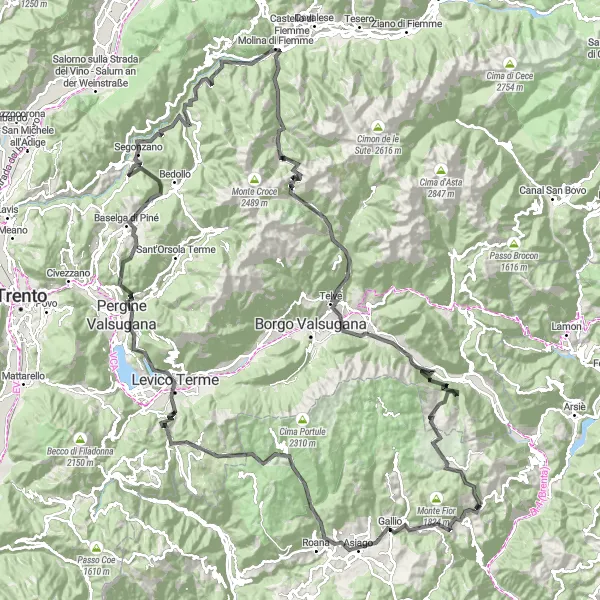 Miniature de la carte de l'inspiration cycliste "Aventure épique des Dolomites" dans la Provincia Autonoma di Trento, Italy. Générée par le planificateur d'itinéraire cycliste Tarmacs.app