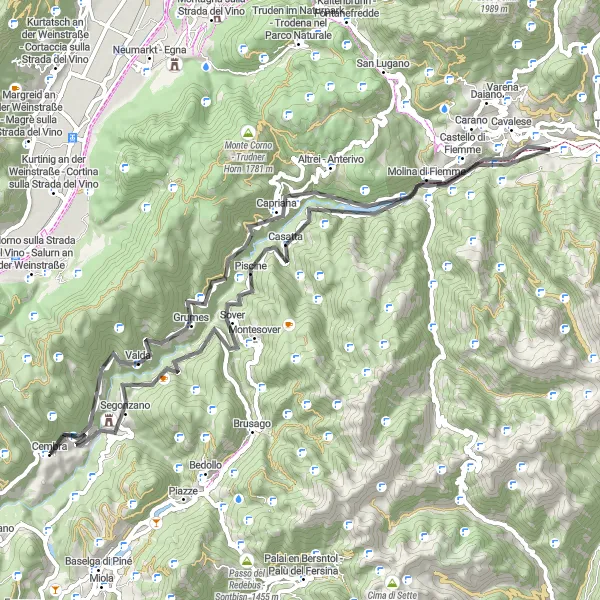 Miniature de la carte de l'inspiration cycliste "Tour des châteaux de la vallée de Cembra" dans la Provincia Autonoma di Trento, Italy. Générée par le planificateur d'itinéraire cycliste Tarmacs.app