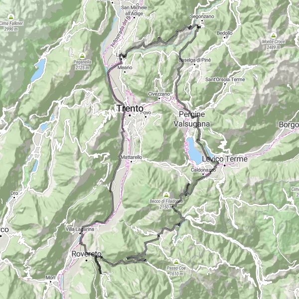 Miniaturekort af cykelinspirationen "Folgaria til Monte Speggia Cykelrute" i Provincia Autonoma di Trento, Italy. Genereret af Tarmacs.app cykelruteplanlægger