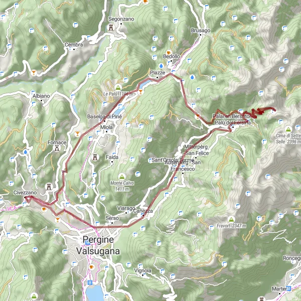 Miniatura della mappa di ispirazione al ciclismo "Baselga di Piné - Garzano Gravel Ride" nella regione di Provincia Autonoma di Trento, Italy. Generata da Tarmacs.app, pianificatore di rotte ciclistiche