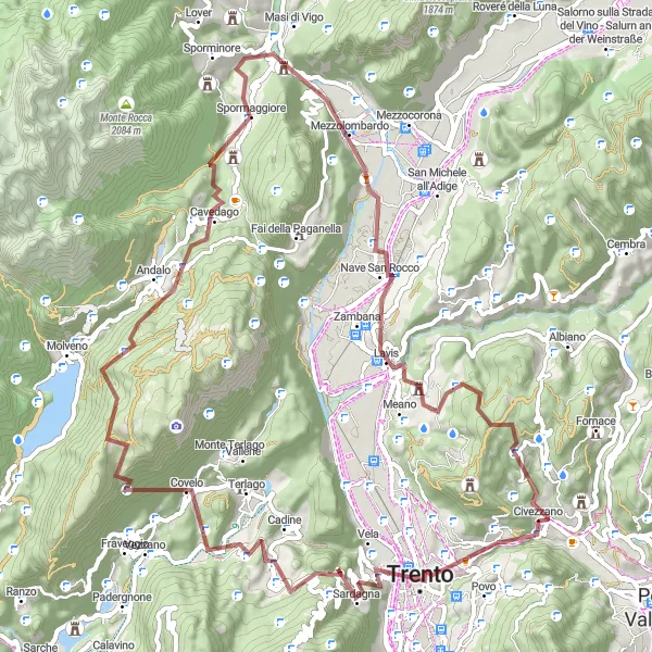 Map miniature of "The Ultimate Gravel Challenge: Civezzano Grand Loop" cycling inspiration in Provincia Autonoma di Trento, Italy. Generated by Tarmacs.app cycling route planner