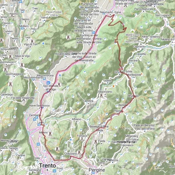 Zemljevid v pomanjšavi "Gorska kolesarska avantura okoli Civezzana" kolesarske inspiracije v Provincia Autonoma di Trento, Italy. Generirano z načrtovalcem kolesarskih poti Tarmacs.app