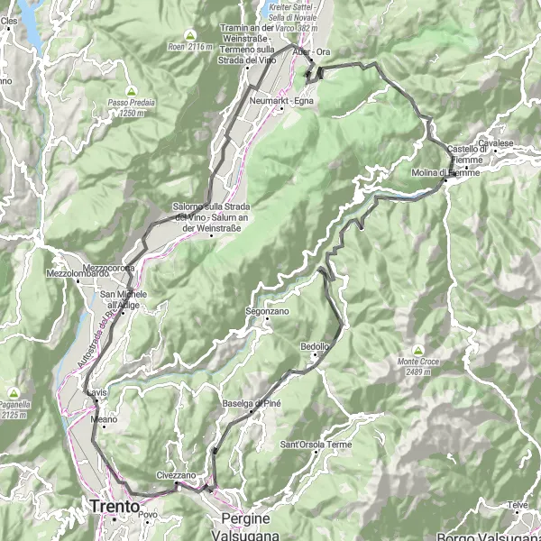 Zemljevid v pomanjšavi "Kolesarska pot po cesti okoli Civezzana" kolesarske inspiracije v Provincia Autonoma di Trento, Italy. Generirano z načrtovalcem kolesarskih poti Tarmacs.app