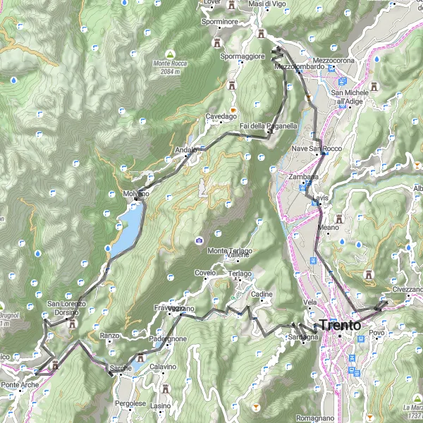 Map miniature of "The Dolomites Grand Tour" cycling inspiration in Provincia Autonoma di Trento, Italy. Generated by Tarmacs.app cycling route planner