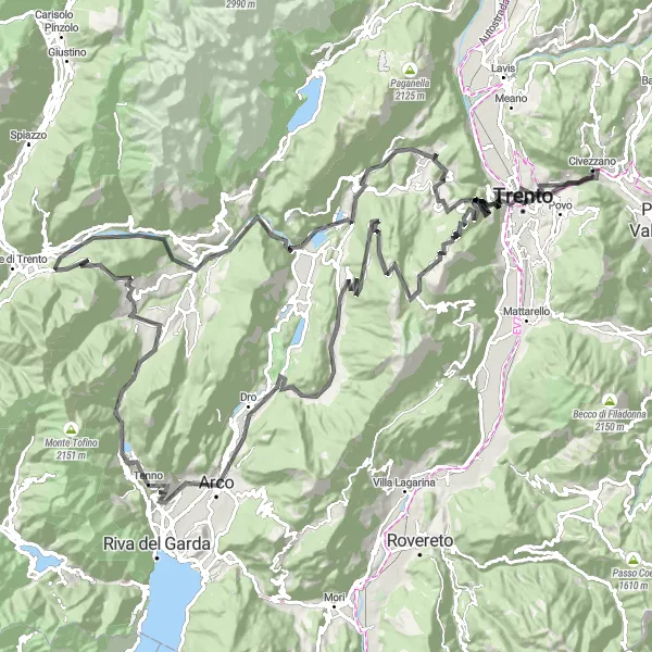 Miniatura della mappa di ispirazione al ciclismo "Trento - Arco Mountain Challenge" nella regione di Provincia Autonoma di Trento, Italy. Generata da Tarmacs.app, pianificatore di rotte ciclistiche
