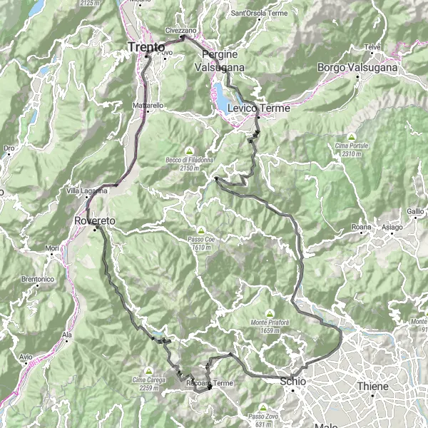 Mapa miniatúra "Výzva cez horské chrbty" cyklistická inšpirácia v Provincia Autonoma di Trento, Italy. Vygenerované cyklistickým plánovačom trás Tarmacs.app