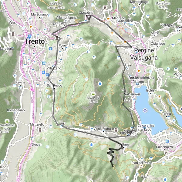 Miniaturekort af cykelinspirationen "Landevejscykelrute til Santa Caterina og Dosso di San Rocco" i Provincia Autonoma di Trento, Italy. Genereret af Tarmacs.app cykelruteplanlægger