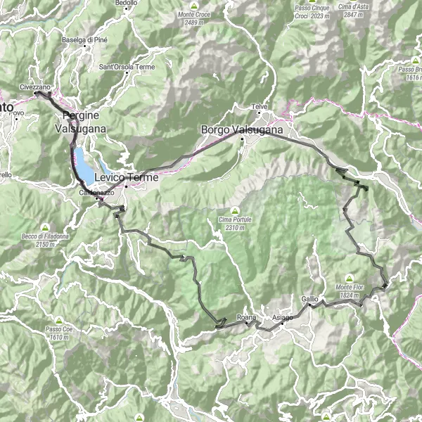 Map miniature of "The Trentino Epic Road Cycling Route" cycling inspiration in Provincia Autonoma di Trento, Italy. Generated by Tarmacs.app cycling route planner