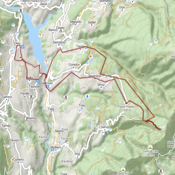 Miniaturekort af cykelinspirationen "Panoramisk Gruscykelrute fra Cles" i Provincia Autonoma di Trento, Italy. Genereret af Tarmacs.app cykelruteplanlægger