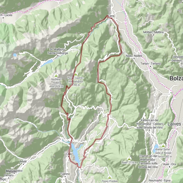 Miniaturní mapa "Gravel route from Cles to Lana and back" inspirace pro cyklisty v oblasti Provincia Autonoma di Trento, Italy. Vytvořeno pomocí plánovače tras Tarmacs.app