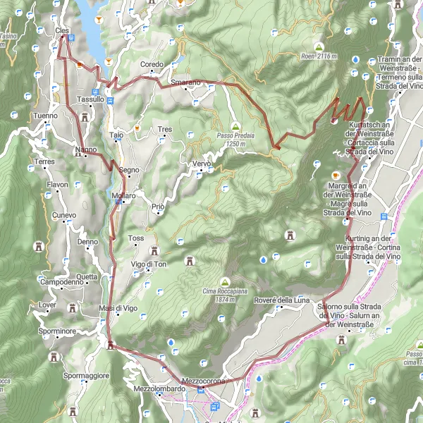 Miniaturní mapa "Gravel route from Cles to Mezzocorona and back" inspirace pro cyklisty v oblasti Provincia Autonoma di Trento, Italy. Vytvořeno pomocí plánovače tras Tarmacs.app