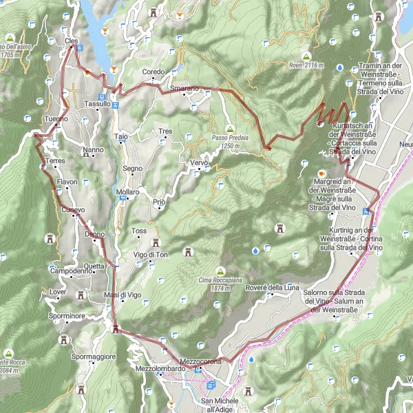 Kartminiatyr av "Lang grusvei sykkeltur gjennom Trentino" sykkelinspirasjon i Provincia Autonoma di Trento, Italy. Generert av Tarmacs.app sykkelrutoplanlegger