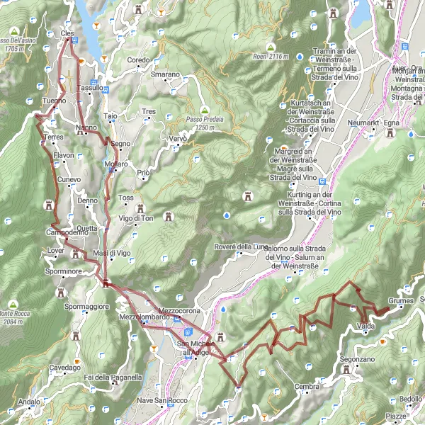 Karttaminiaatyyri "Nanno - Cles" pyöräilyinspiraatiosta alueella Provincia Autonoma di Trento, Italy. Luotu Tarmacs.app pyöräilyreittisuunnittelijalla