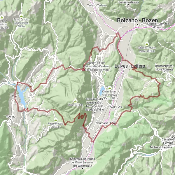 Karttaminiaatyyri "Petersbergin ympäri kierros" pyöräilyinspiraatiosta alueella Provincia Autonoma di Trento, Italy. Luotu Tarmacs.app pyöräilyreittisuunnittelijalla