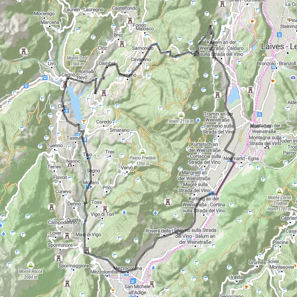 Miniaturní mapa "Road route from Cles to Kalterer See and back" inspirace pro cyklisty v oblasti Provincia Autonoma di Trento, Italy. Vytvořeno pomocí plánovače tras Tarmacs.app
