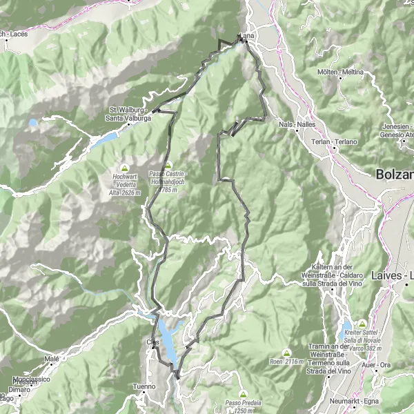 Zemljevid v pomanjšavi "Kolesarska pot okoli Clesa" kolesarske inspiracije v Provincia Autonoma di Trento, Italy. Generirano z načrtovalcem kolesarskih poti Tarmacs.app