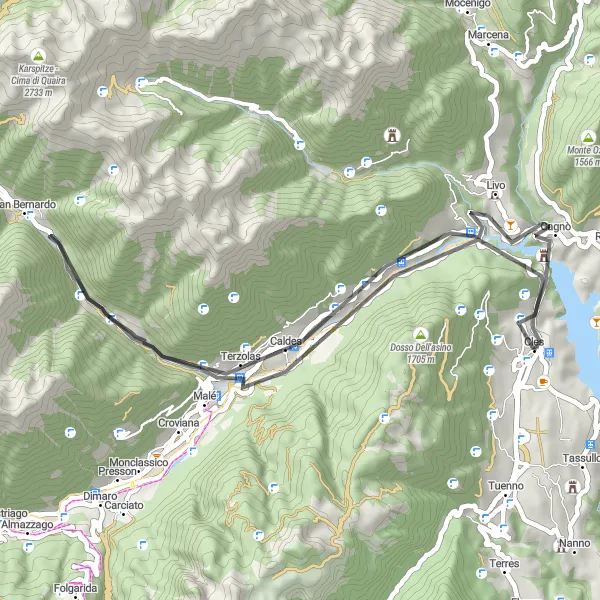 Zemljevid v pomanjšavi "Road kolesarska pot Cavizzana - Cles" kolesarske inspiracije v Provincia Autonoma di Trento, Italy. Generirano z načrtovalcem kolesarskih poti Tarmacs.app