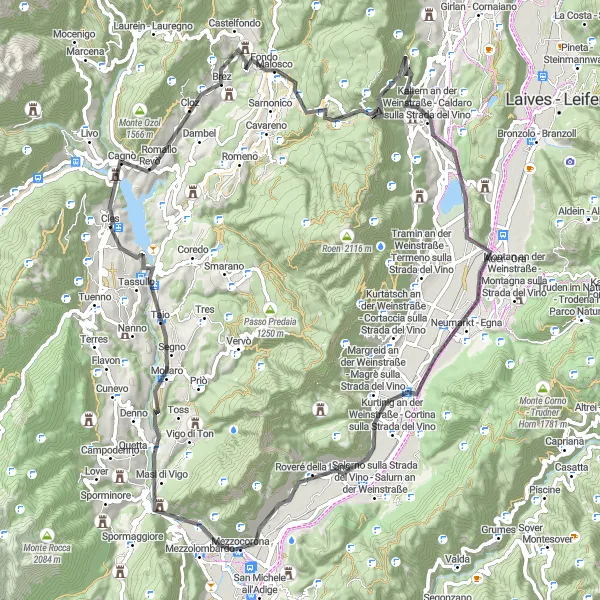 Map miniature of "Serene Valleys and Breathtaking Peaks" cycling inspiration in Provincia Autonoma di Trento, Italy. Generated by Tarmacs.app cycling route planner
