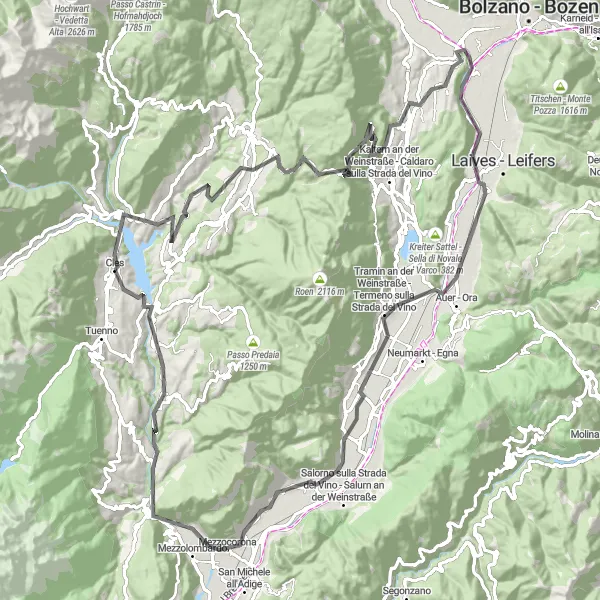 Kartminiatyr av "Mendelpass and Monte Ganda Loop" sykkelinspirasjon i Provincia Autonoma di Trento, Italy. Generert av Tarmacs.app sykkelrutoplanlegger