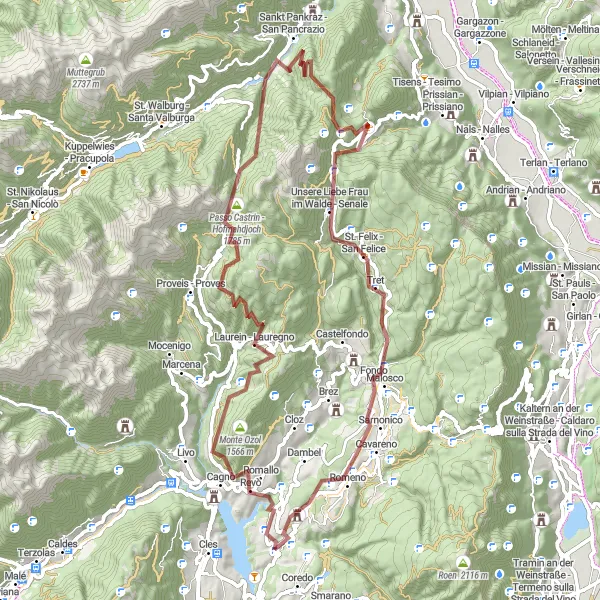 Miniature de la carte de l'inspiration cycliste "Randonnée en gravier à travers les montagnes de Trentino" dans la Provincia Autonoma di Trento, Italy. Générée par le planificateur d'itinéraire cycliste Tarmacs.app