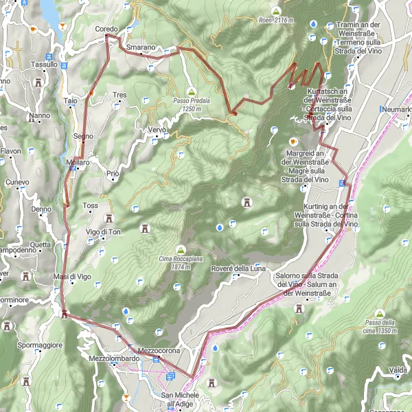 Miniatua del mapa de inspiración ciclista "Ruta de gravel de 66 km desde Coredo hasta Taio" en Provincia Autonoma di Trento, Italy. Generado por Tarmacs.app planificador de rutas ciclistas