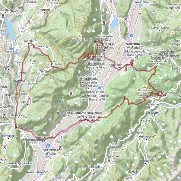 Mapa miniatúra "Gravel okruh cez Sfruz a Monte Corno" cyklistická inšpirácia v Provincia Autonoma di Trento, Italy. Vygenerované cyklistickým plánovačom trás Tarmacs.app