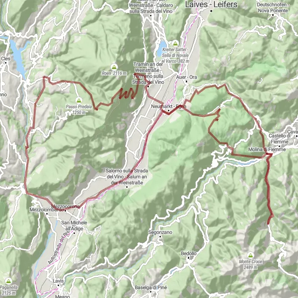 Miniature de la carte de l'inspiration cycliste "Parcours de gravel autour de Coredo" dans la Provincia Autonoma di Trento, Italy. Générée par le planificateur d'itinéraire cycliste Tarmacs.app
