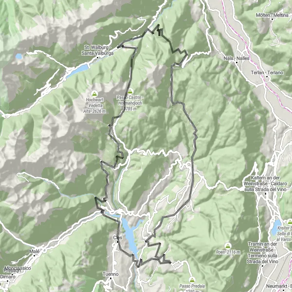 Miniatura della mappa di ispirazione al ciclismo "Giro in Bicicletta - Coredo - 103 km" nella regione di Provincia Autonoma di Trento, Italy. Generata da Tarmacs.app, pianificatore di rotte ciclistiche