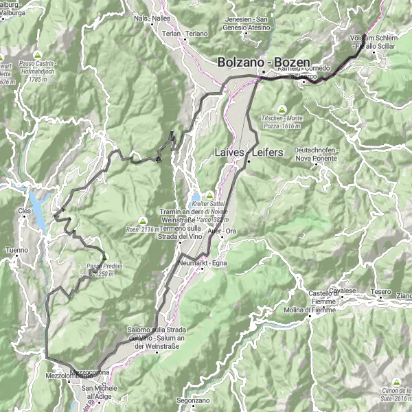 Kartminiatyr av "Rundtur till Monte Corno" cykelinspiration i Provincia Autonoma di Trento, Italy. Genererad av Tarmacs.app cykelruttplanerare